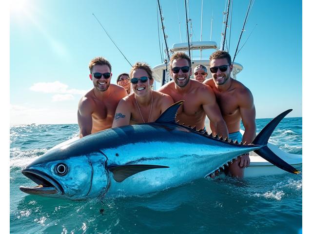 Deep sea fishing charter with Aqua Nouveau, a group of friends celebrating a catch on a modern boat